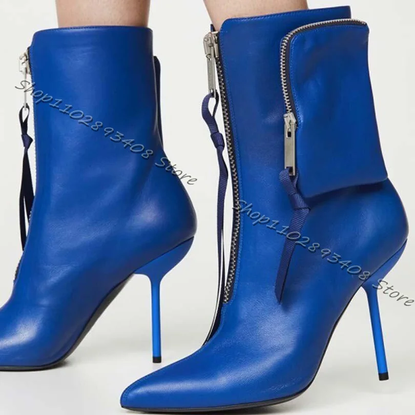 

Женские ботильоны на шпильке, синие ботинки с карманами и острым носком, на молнии спереди, на высоком каблуке, осенняя Классическая обувь