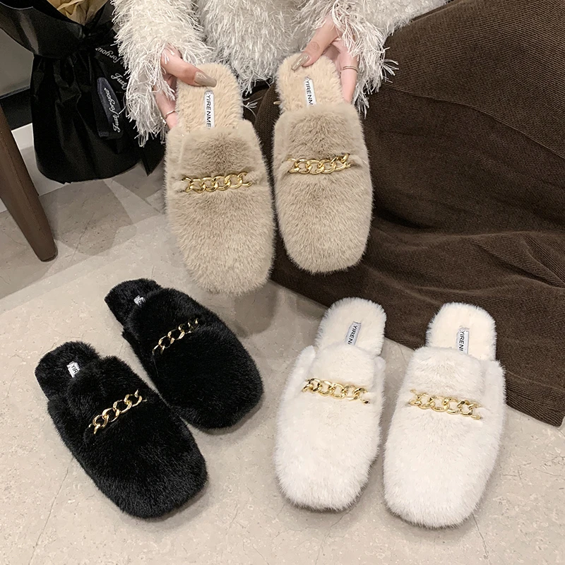 Женские тапочки осень/зима 2023 плюшевые пушистые новые корейские уличные модные