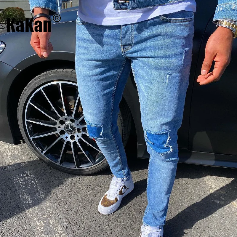 Kakan - New European and American Distressed Small Leg Jeans for Men, High Street Slim Fit Elastic Motorcycle Long JeansK49-8555