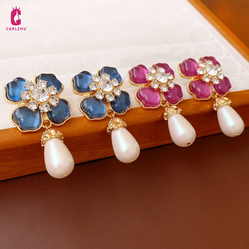 

Серьги-подвески женские в стиле ретро, натуральное покрытие золотом, искусственная смола, цветок, капля воды, жемчуг, роскошные модные ювели...