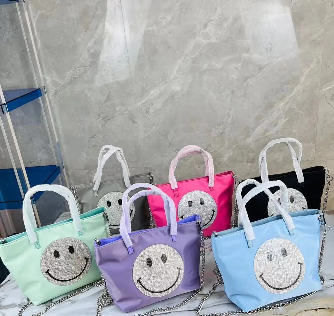 

2022 Summer New Black Oxford Cloth Diamond-Embedded Smiley Face Handbag Women's Fashion Mini Rhinestone Women's Handbag Bag