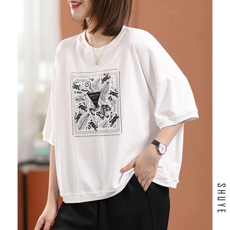 

Футболка женская хлопковая с коротким рукавом, модный дизайнерский Удобный свободный пуловер с принтом, с круглым вырезом, для отдыха, лето 2022