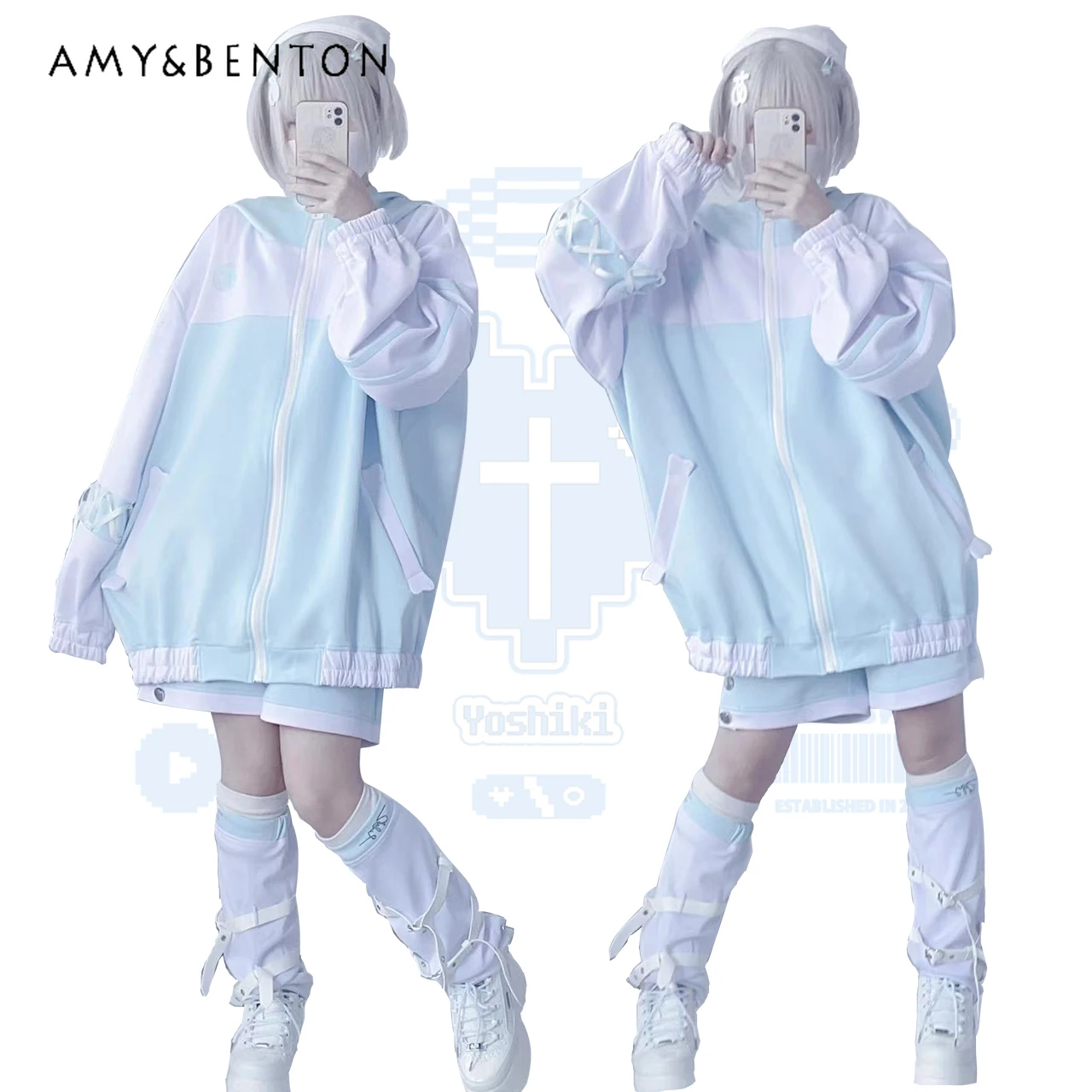 

Женский комплект из двух предметов, Свободное пальто с капюшоном и шорты в японском стиле Харадзюку, осенний милое сине-белое лоскутное шитье, комплект оверсайз из двух предметов