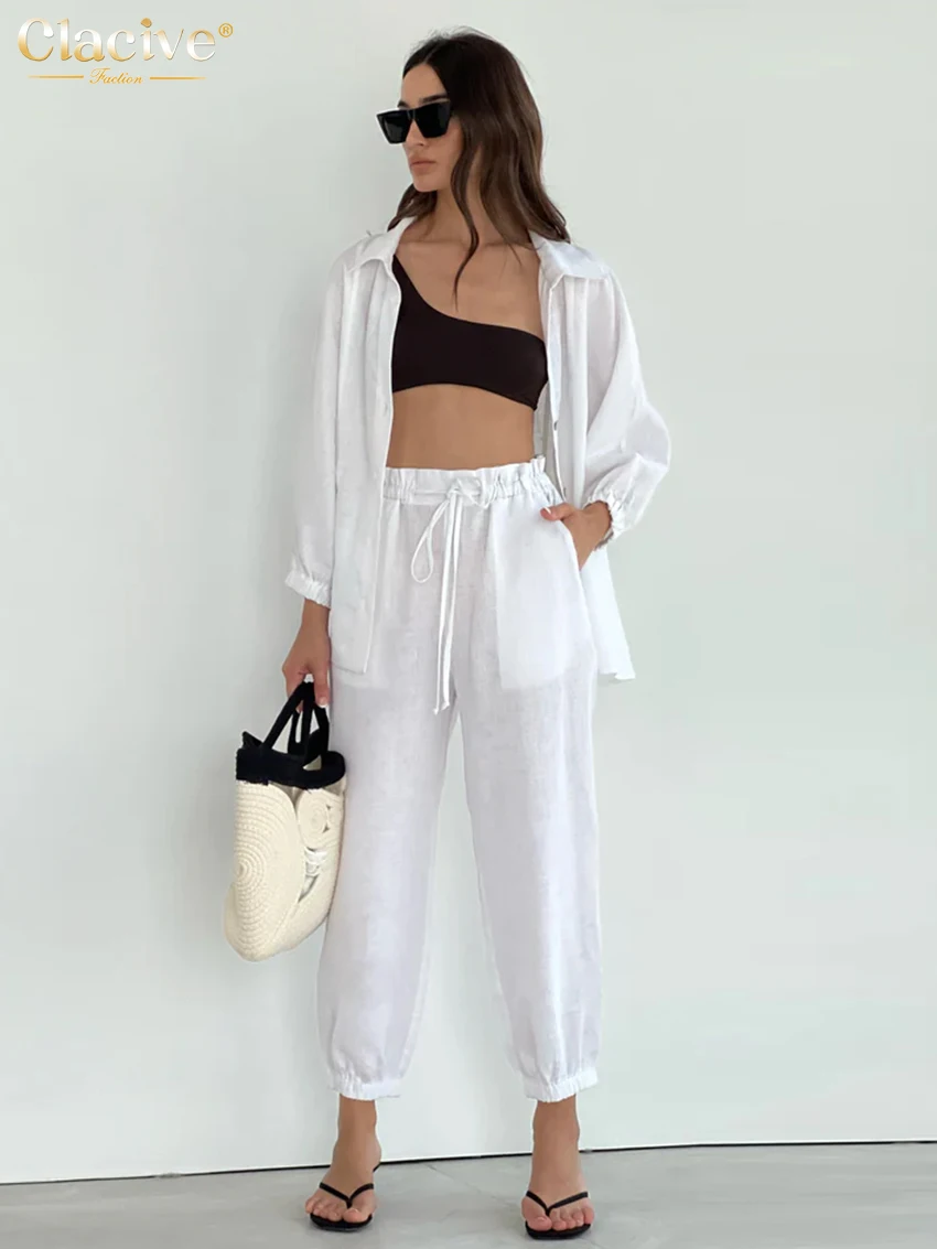 

Clacive Casual White Cotton Pants Sets For Women 2 Pieces 2023 Elegant Long Sleeve Shirt With High Waist Trousers Suits Female