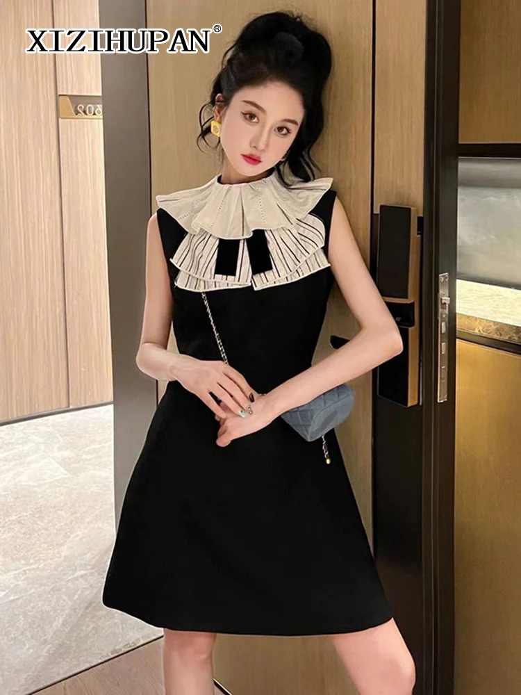 

XIZIHUPAN Elegant Colorblock Dress For Women Stand Collar Sleeveless High Waist Patchwork Ruffles Dresses Female Summer Clothing