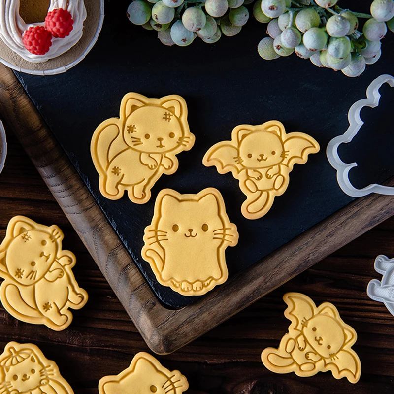 

Halloween Kitten Cookie Mould Ghost Cute Cartoon Animal Kitten Cat Shape Fondant Embosser Stamp Cake Tool DIY Baking Tool