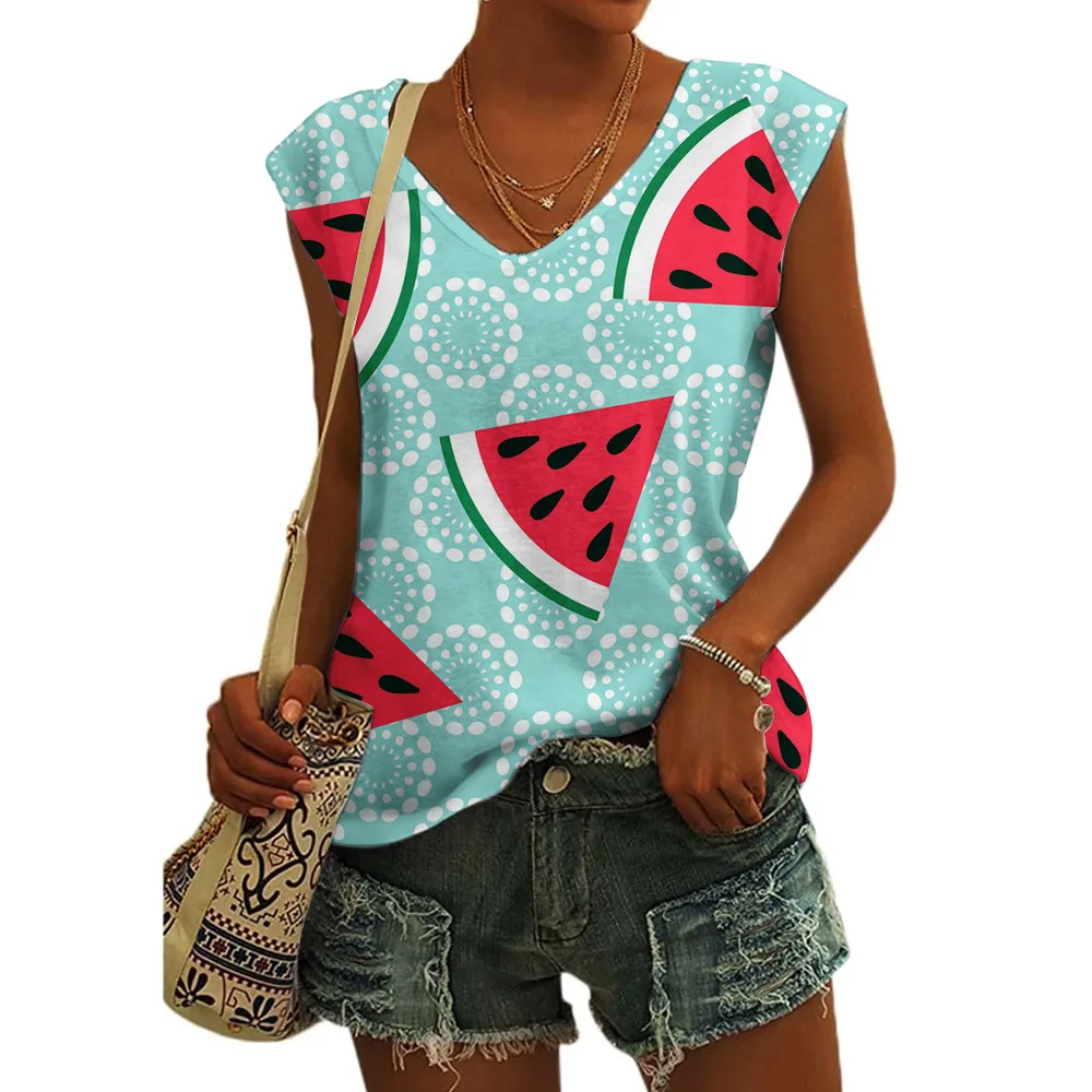 Женская футболка с V-образным вырезом принтом в виде арбуза