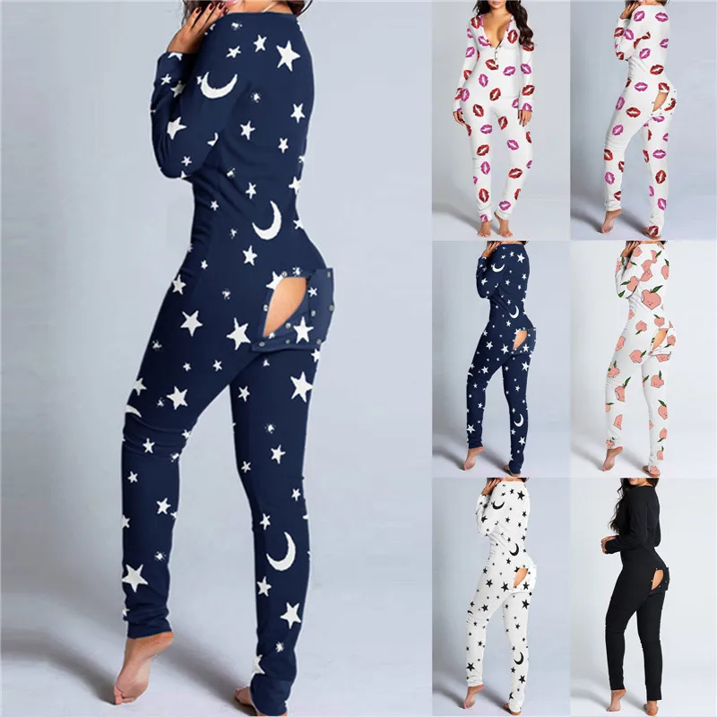 

Richkeda Store Sexy Women Pajamas Onesies Button-down Front Functional Buttoned Flap Adults Pyjama V-neck Long Sleeve Jumpsuit
