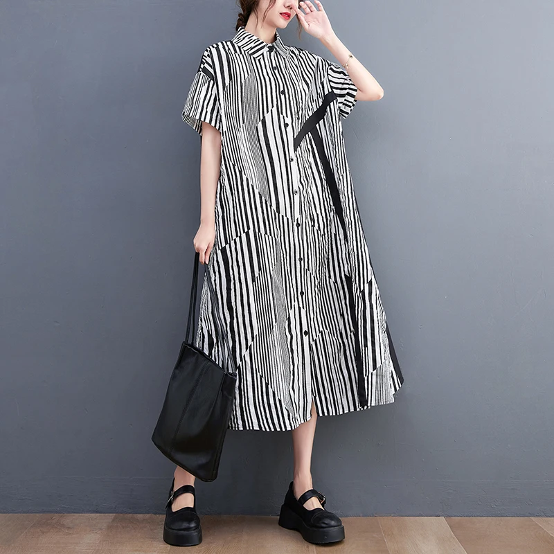 

Patchwork Stripe Printing Shirt Dress Casual Top Lapel Maternity Clothing Autumn Expansion Bottom Maxi Shirt Dress