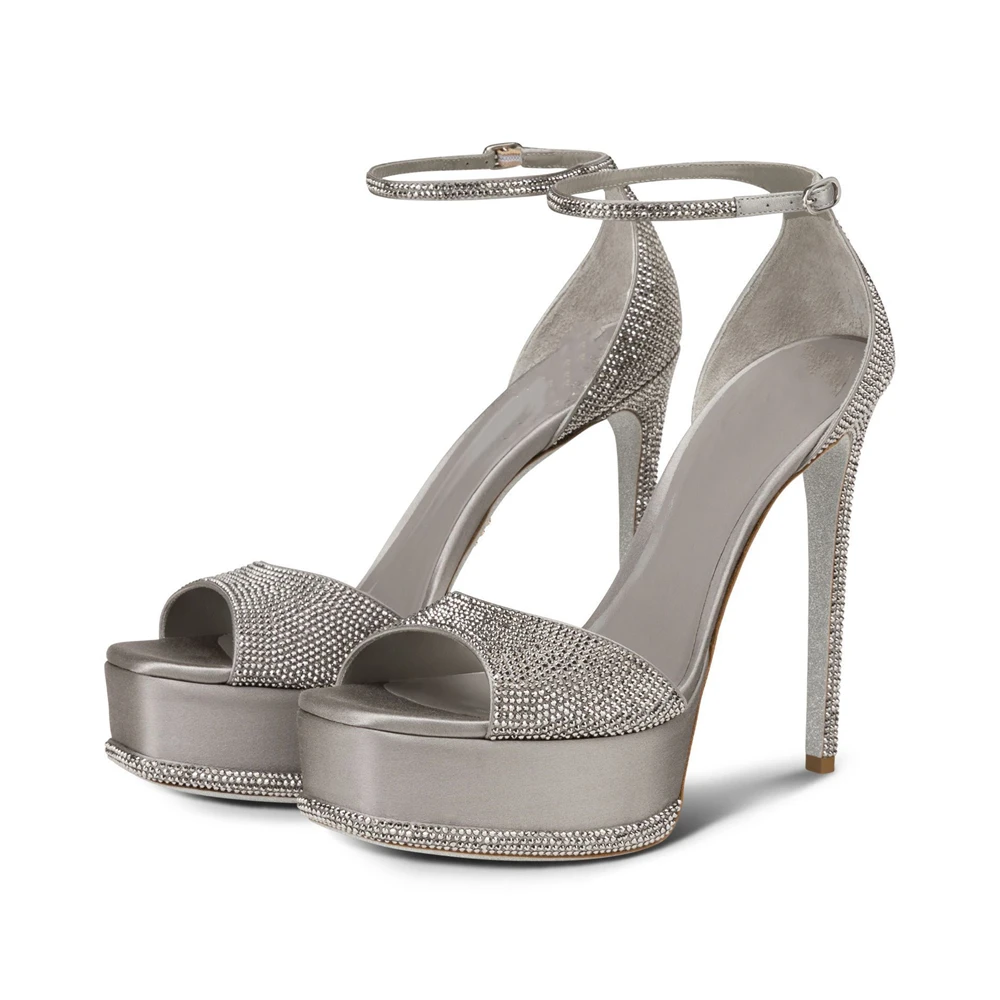 New One line Buckle Strap Thin Heel Rhinestone Waterproof Platform Round Toe Open Toe High Heel Sandals Large Size Women's Shoes