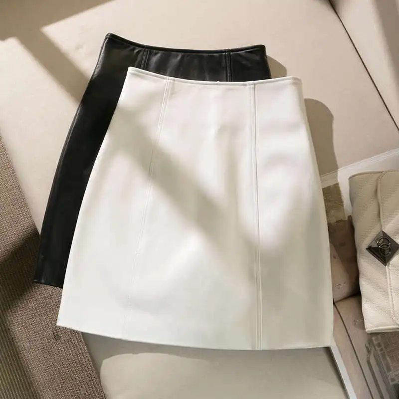 

Korean Fashion Genuine Leather Short Skirt Women Spring White Black A-Line Slim Sheepskin Mini Sexy Elegant Pencil Skirt C8103