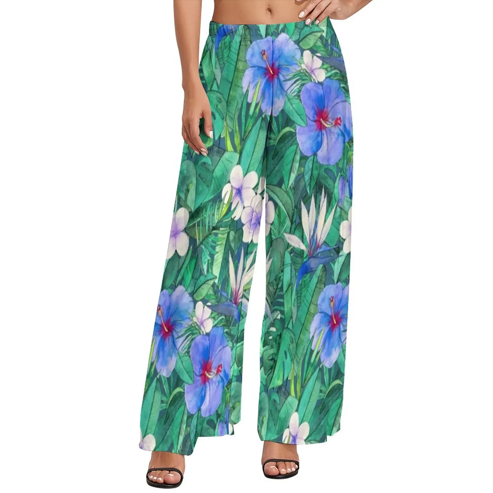 

Tropical Floral Print Straight Pants Blue Hibiscus Classic Wide Leg Pants Women Oversize Korean Fashion Graphic Trousers