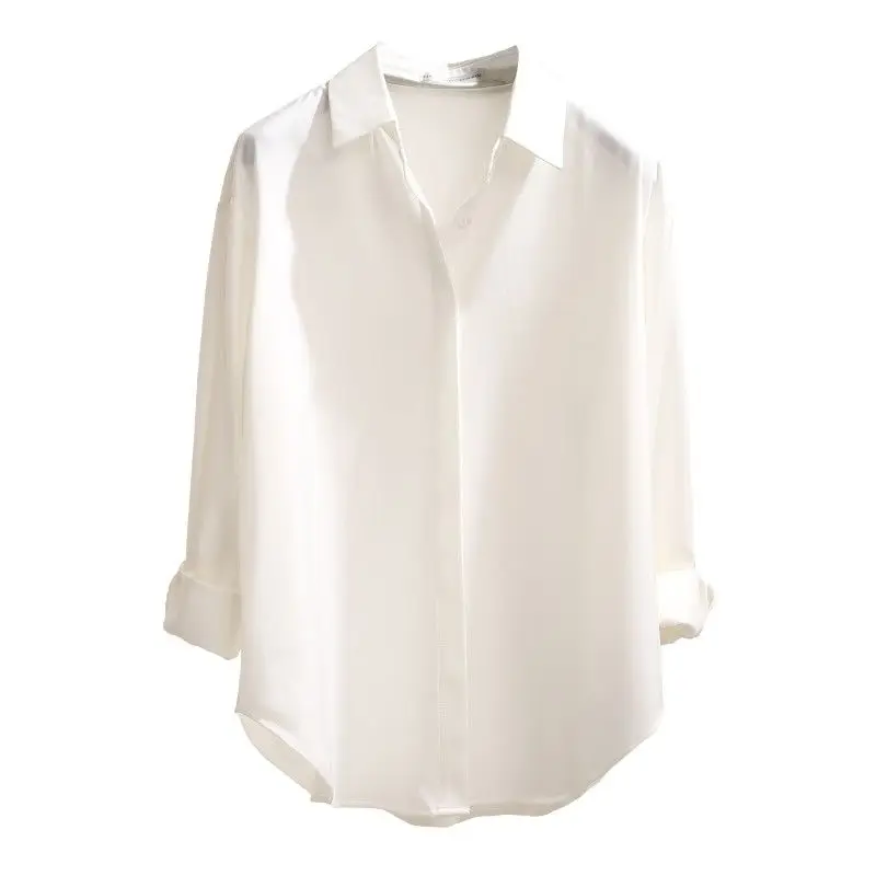 Elegant Satin Blouses Womens Long Sleeve Top White Shirt Summer 2022 Fashion Office Wear Casual Female Clothing Buttoned Tunics