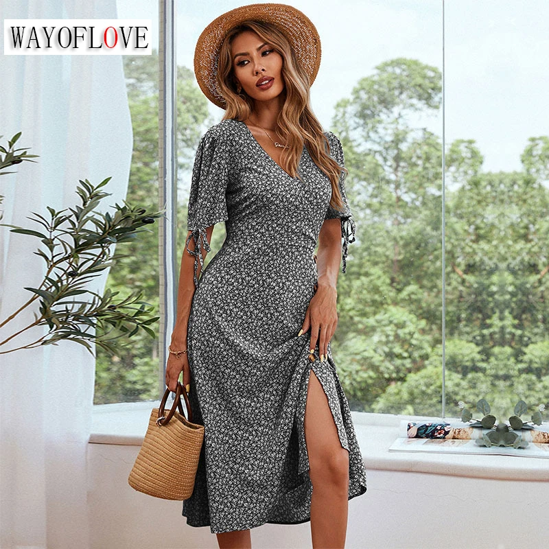 

WAYOFLOVE Woman Summer Elegant Sexy Split Long Dress Party Puff Sleeve Button Floral Print Vestidos Vintage Casual Beach Dresses