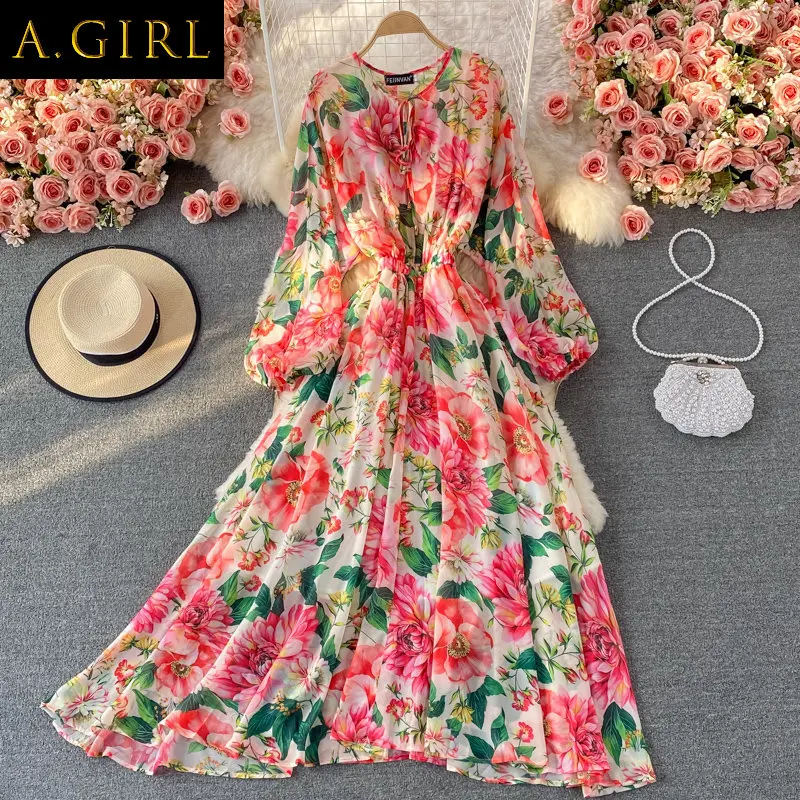 

Женское длинное шифоновое платье-макси, модельное элегантное платье для отпуска с рукавом летучая мышь и принтом роз, а-силуэт для девушек и женщин, весна-лето