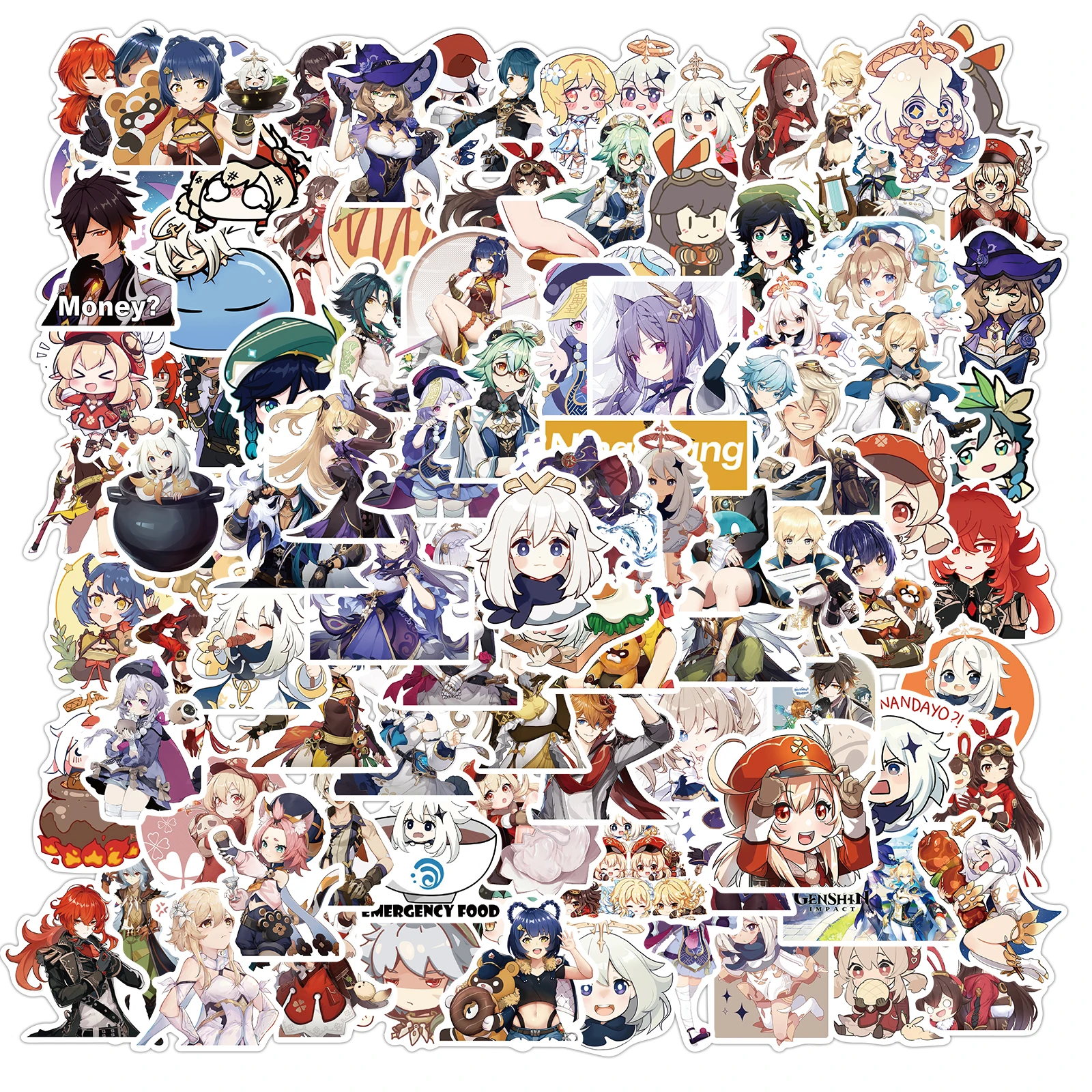 

Ударопрочные аниме наклейки Genshin, 10/50/100 шт., искусственная кожа, чемодан, телефон, гитара, ноутбук, мотоцикл