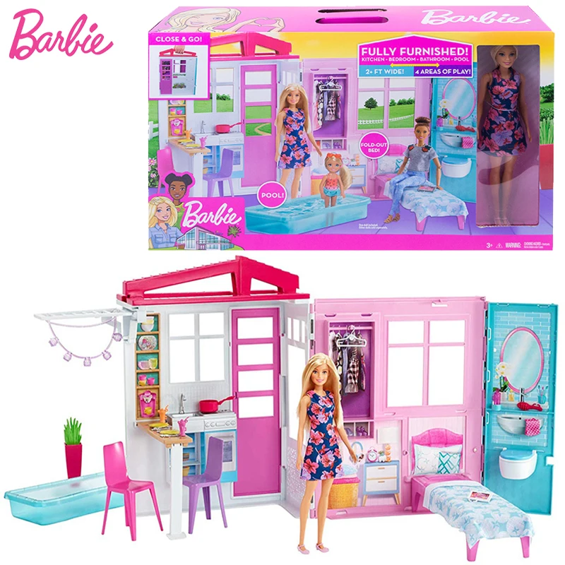 

Original Barbie Doll and Dollhouse Portable 1 Story Playset with Pool Play House Toy Set Birthday Gifts For Girl FXG55