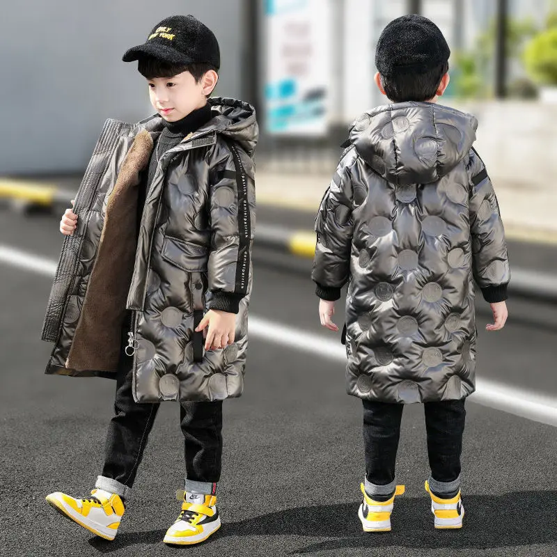 

Boys Winter Faux Fur Jacket Children Thicken Plus Velvet Warm Coat Boys Long Shiny Jacket Teenager Kids Outerwear Coat 4-12Years