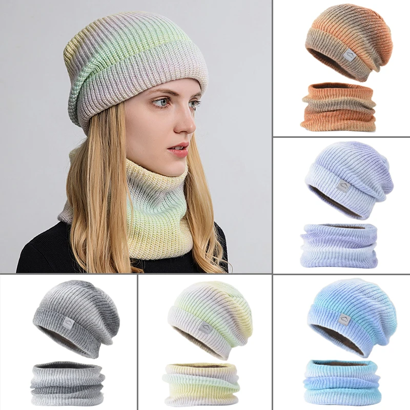 

2pcs Warm Hat Autumn Winter Korean Version Gradient Color Woolen Thickened Ear Useful Exquisite Gift Nice Unique Hat Set Women