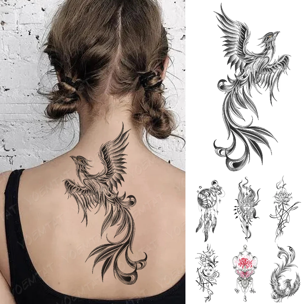 

Водостойкая Временная тату-наклейка, черная Феникс, дракон, лотос, Бабочка, женские и мужские флэш-тату, тату на руку, спину, боди-арт, искусственная татуировка