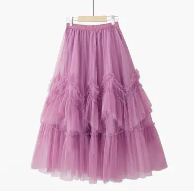 

Spring A-line Ruffles Cake Skirts Women Sweet Ruffles Mesh Skirts Lady Strechy Elastic Band Waist Mesh Skirts