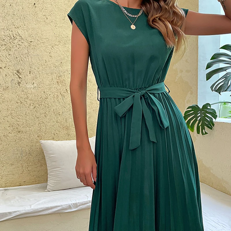 

Элегантный женский летний Повседневный пляжный сарафан, плиссированное миди-платье с коротким рукавом, однотонная туника с круглым вырезом