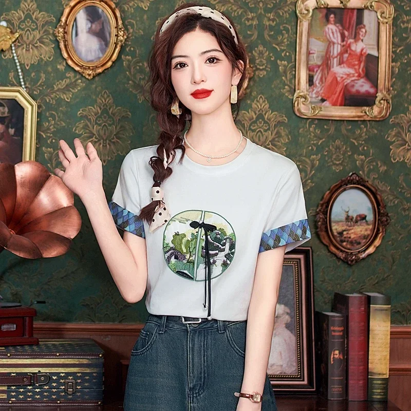 Летняя женская блузка с круглым вырезом и коротким рукавом белая бахромой