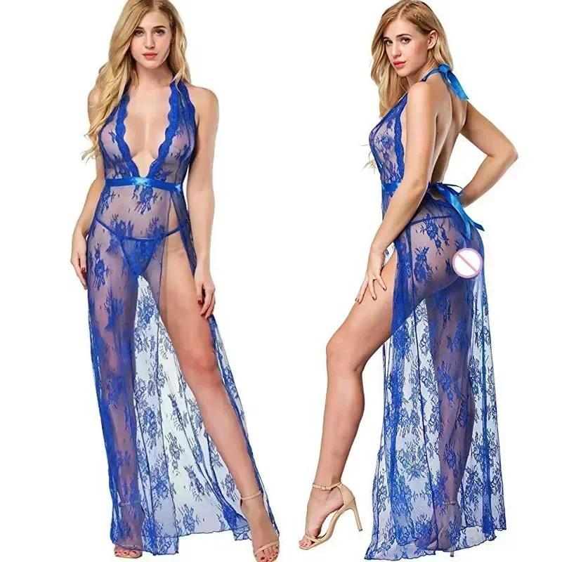 Сексуальная одежда для сна взрослых костюм с лямкой на шее длинное платье