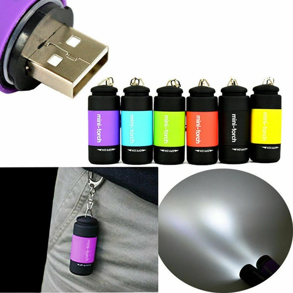 

Mini Portable Torch USB Rechargeable LED Light Flashlight Lamp Waterproof Multicolor Camping Flashlights Gift Keychain Lighting