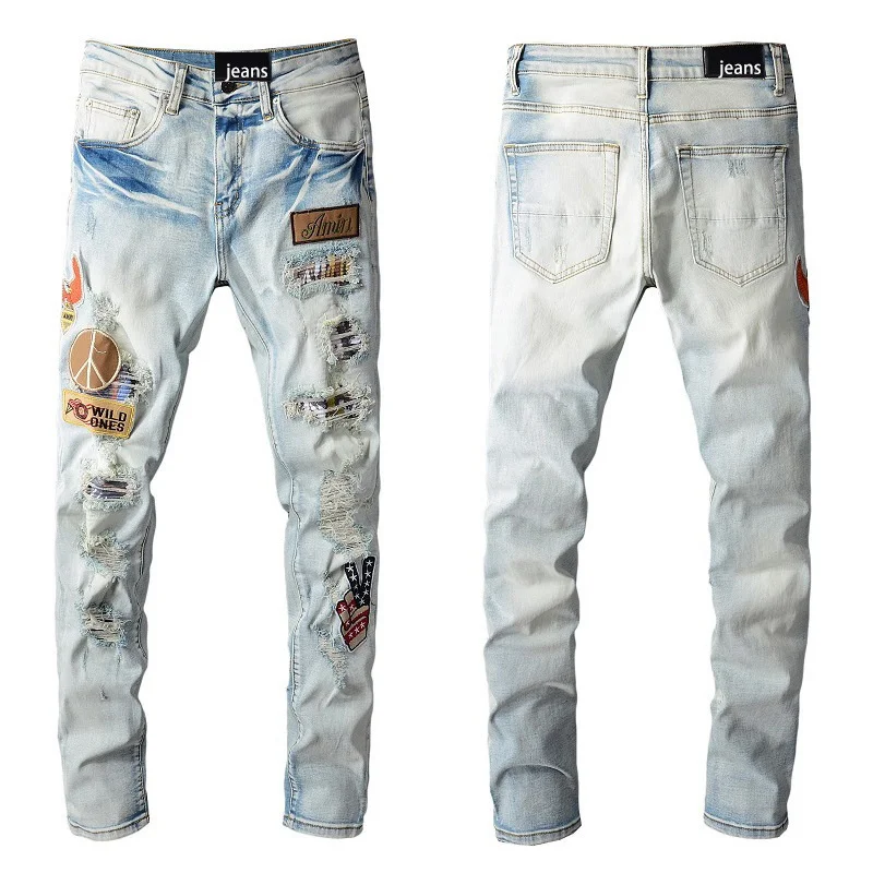 

New Luxury Men's Crystal Patchwork Pleated Biker Jeans Slim Fit Ripped Jeans Blue Trousers Camping Jeans men's jeans 678