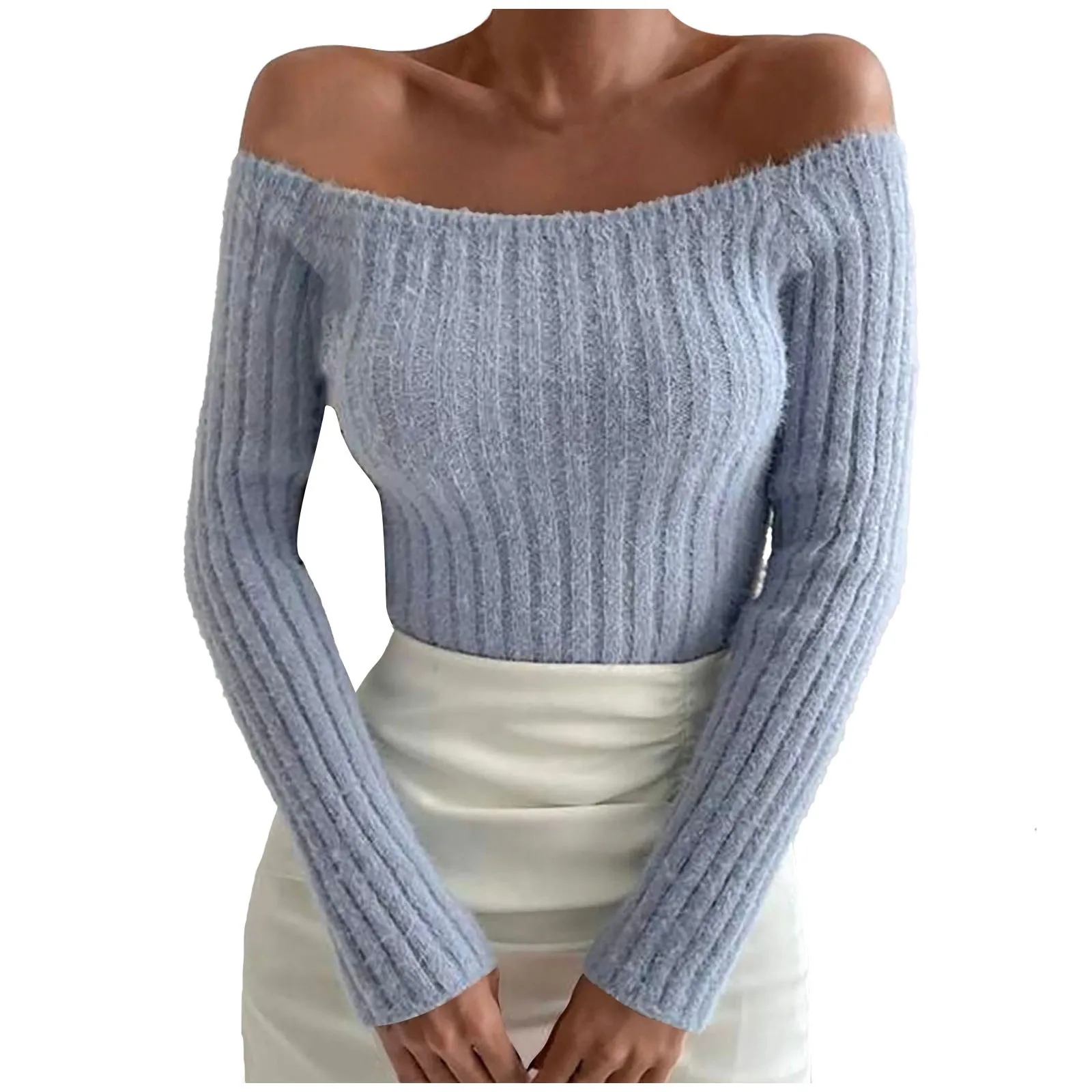 Женский свитер с открытыми плечами свободный шерстяной длинный пуловер большого