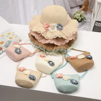 new summer girl straw weave sun hat backpack kids sweet beach packet childrens cute caps bags baby seaside sun protection