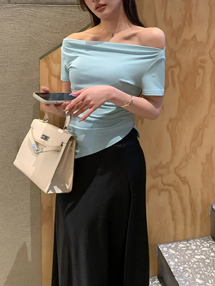 Асимметричные сексуальные однотонные базовые повседневные женские футболки с