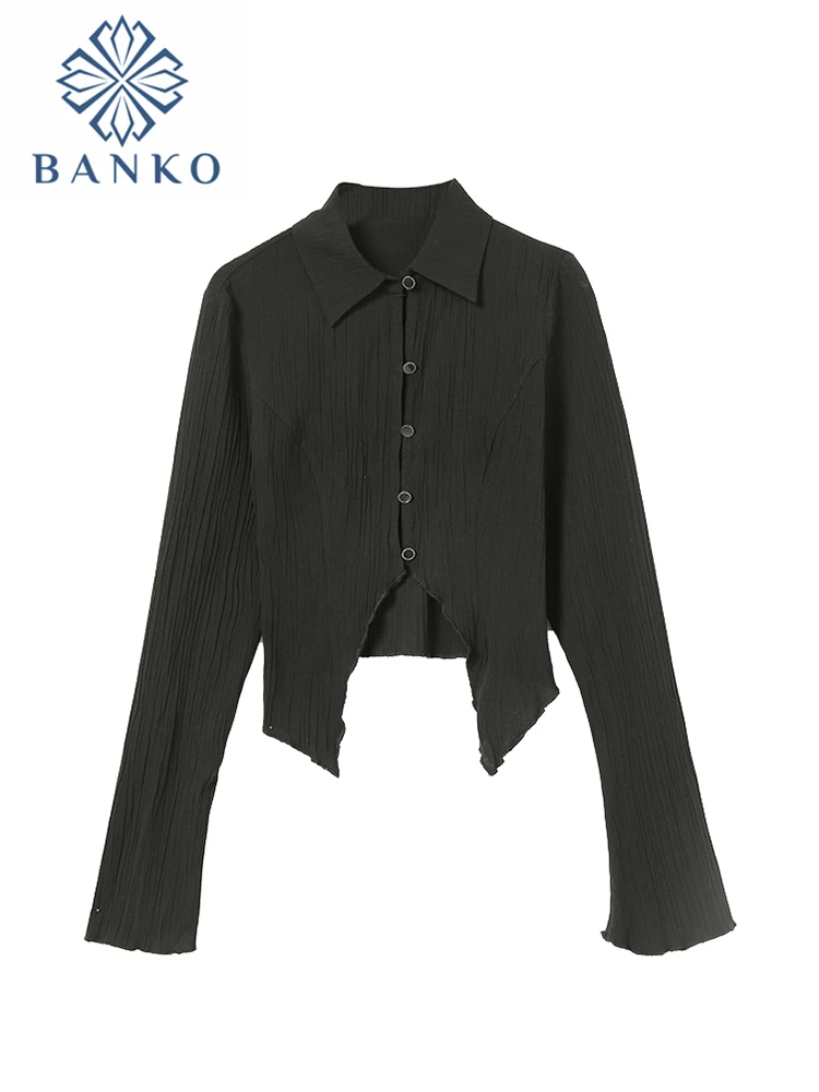 Autumn New Arrival Mujer Solid Black Chiffon Blouse Long Sleeve Casual Button Shirt Women Korean Style Chic Cropped Top Feminina