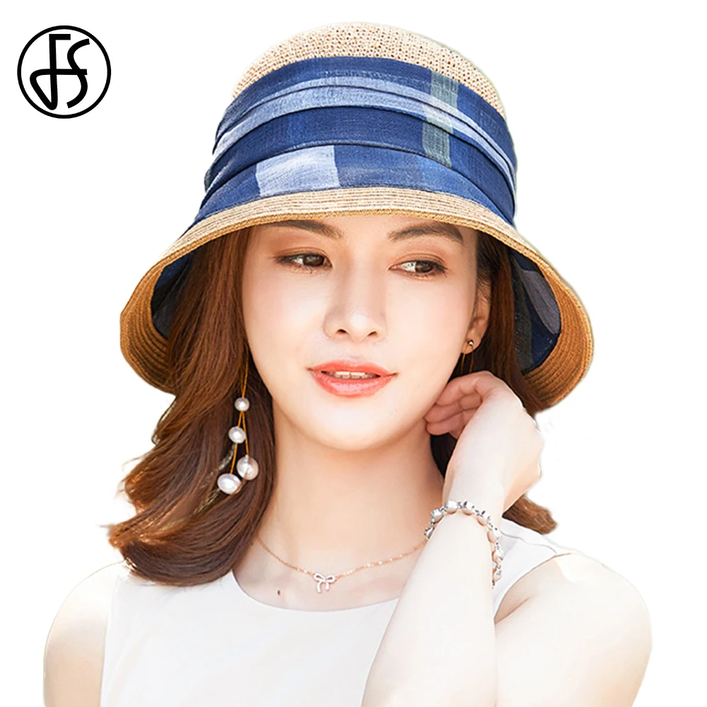 

FS Summer Plaid Straw Visor Hats For Women Foldable Hand Hook Sunbonnet Wide Brim Cap Ladies Travel Sun Protection Beach Caps