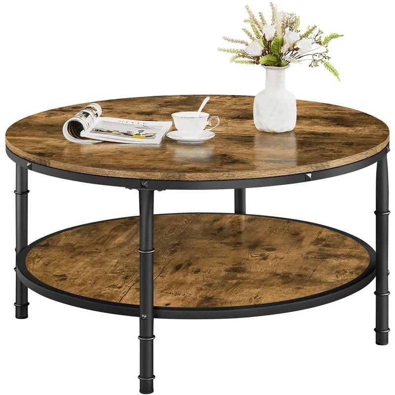 

2-Layer Vintage Round Coffee Table, Rustic Brown Creative Living Room Apartment Modern Household Living Room Furniture