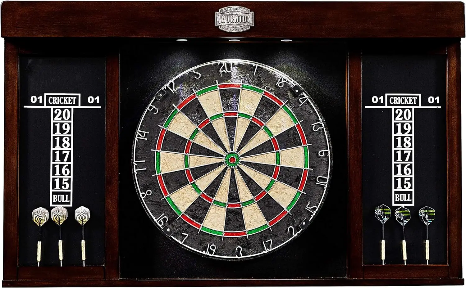 

Quality Bristle Dartboard, Cabinet, Scoreboard, LED Lights - 18\u201D Sisal, Staple-Free Bullseye - Stylish, Complete Dartboards