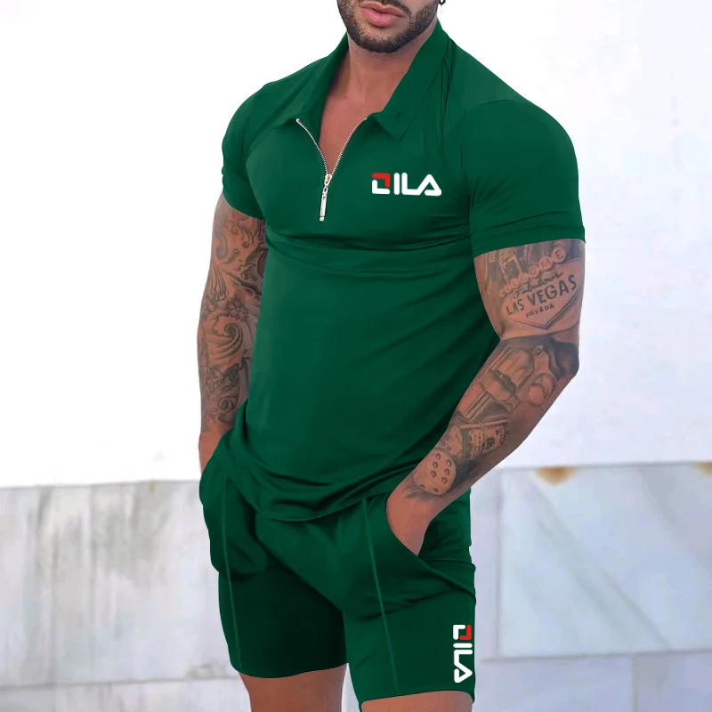 New Men's Trackwear Set Summer Short Sleeve Thin Polo Shirt + Sport Shorts 2 Pieces Men's Solid Set Casual Jogging Sportswear
