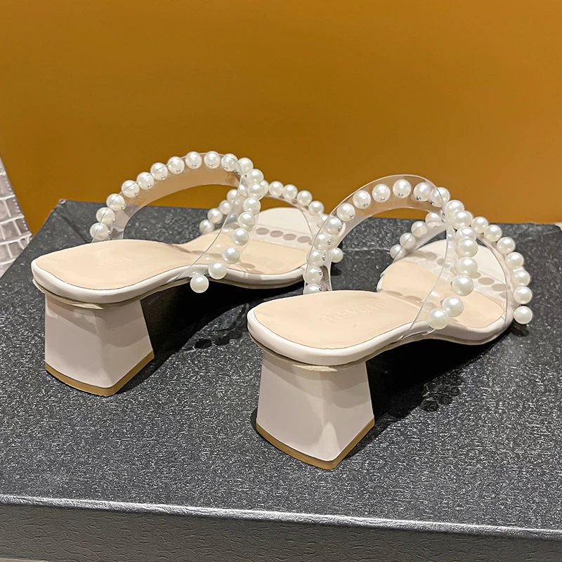 Big Size 42 Women Summer Slippers Transparent PVC Sexy Square Toe Pearl High Heels Sandals Wedding Party New Shoes Mujer Zapatos