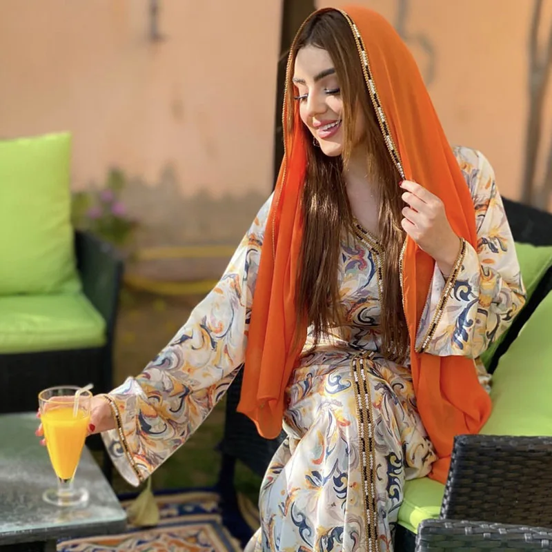 Women Spring Summer Muslim Parent-child Dress Printed Skirt Turkish Indian Abaya Arab Islamic Women Moroccan Kraftan Gown