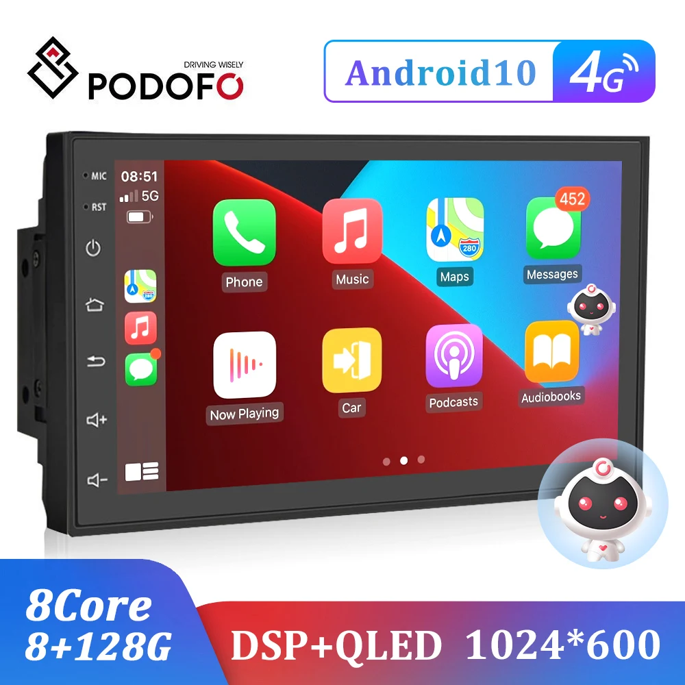 Podofo 8G 128G Car Radio GPS 2 din Android 10.0 Auto Carplay Universal 7