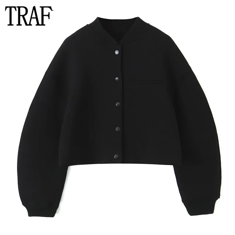 

TRAF Black Bomber Jacket Women Basic Cropped Jackets for Women Long Sleeve Oversize Jacket Woman 2023 Autumn Ribbed Button Coats