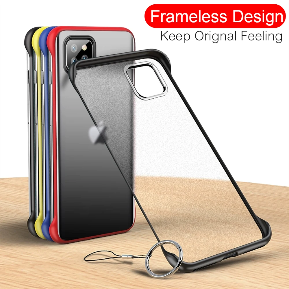 

Slim Frameless Phone Case for IPhone 14 12 11 13 Pro X XS Max 7 8 Plus XR Translucent Matte Cases Cover with Metal Ring Lanyard