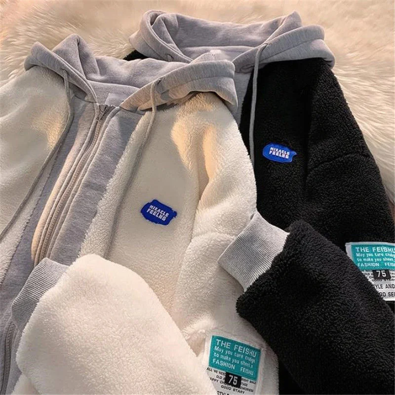 

Hip-hop Winter Hoodies Y2K Zip Up Lamb Wool Hooded Padded Sweater Women Jacket Coat Thick Fashion Velvet Fake Two-piece Top