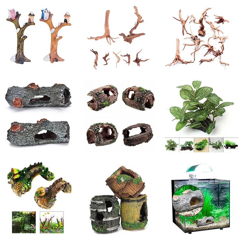 

Aquarium Ornaments Decor Artificial Barrel Cave Plant Trunk Driftwood Landscaping Fish Tank Aquarium Decorative Background
