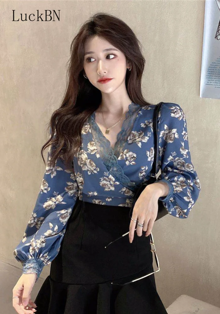 

2022 топ с цветочным принтом, Женская Модная приталенная офисная Повседневная рубашка с V-образным вырезом и длинным рукавом, шикарная блузка ...