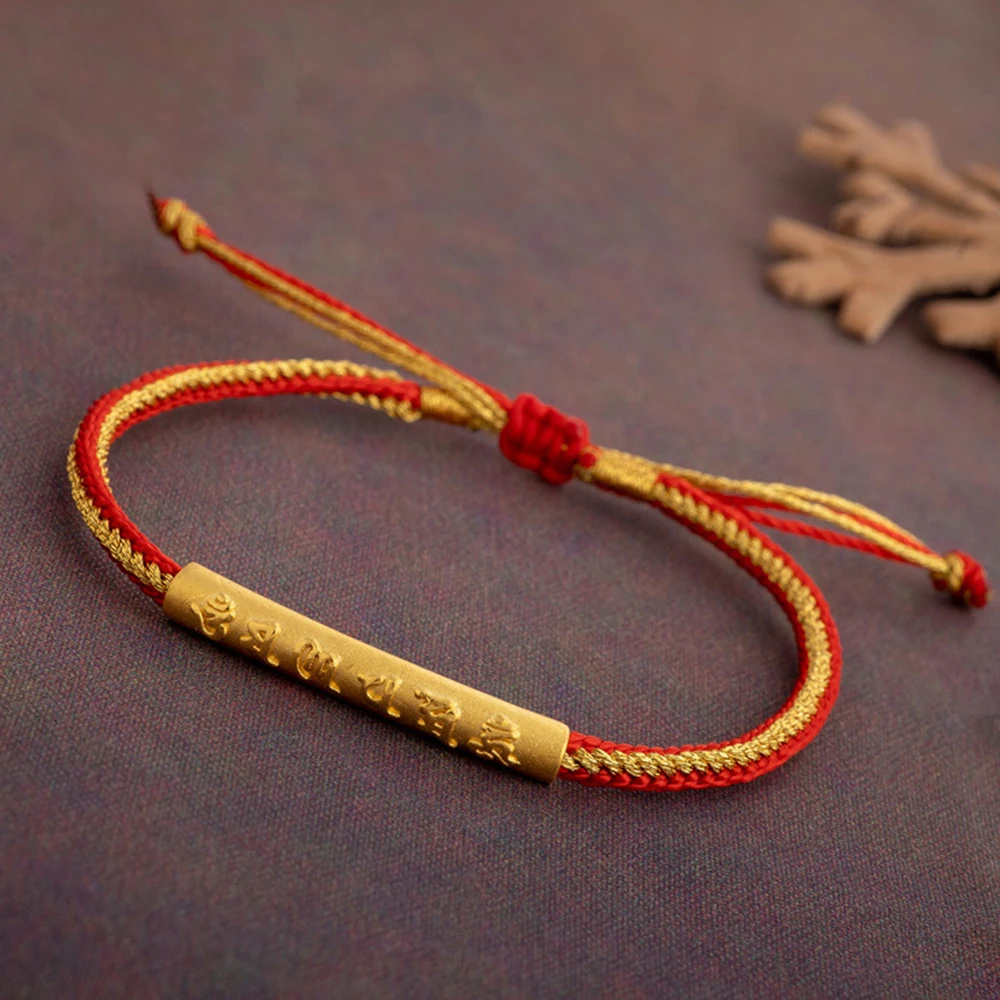 

Чистый 999 24K желтое золото 3D Рукоделие шесть символов мантра трубка бисер красный шнур вязаный браслет