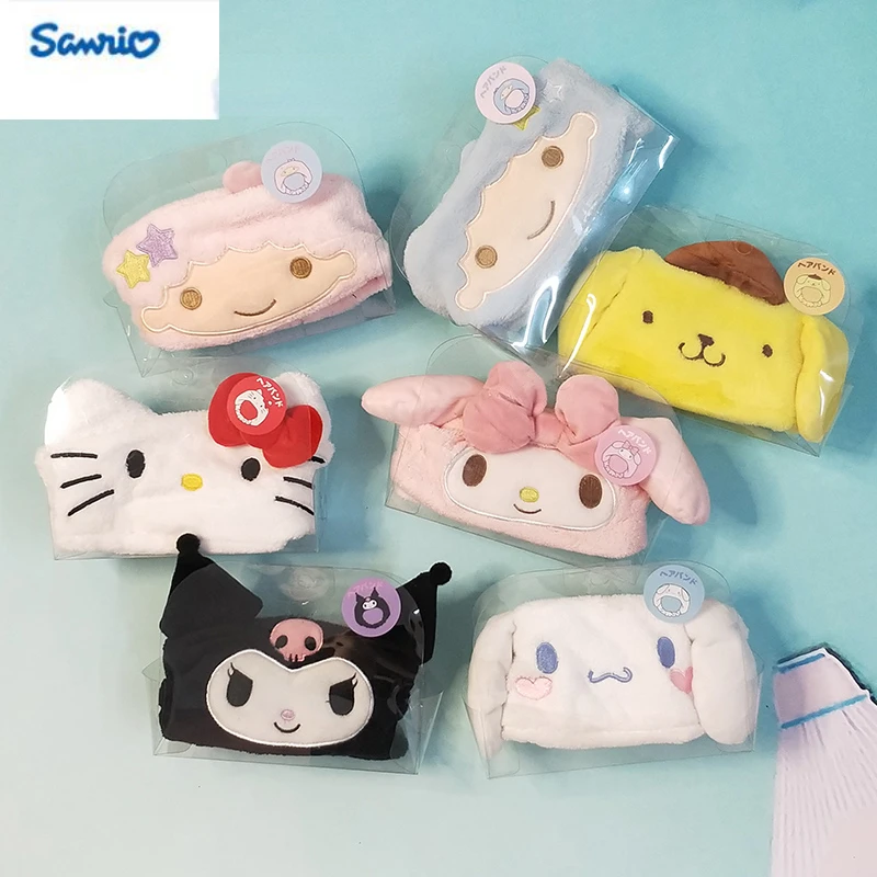 

Kawaii Sanrio Cartoon Cinnamoroll Kulomi KT Cat Head with Elastic Band Plush Face Towel Toys Hobbies Stuffed Holiday Gifts