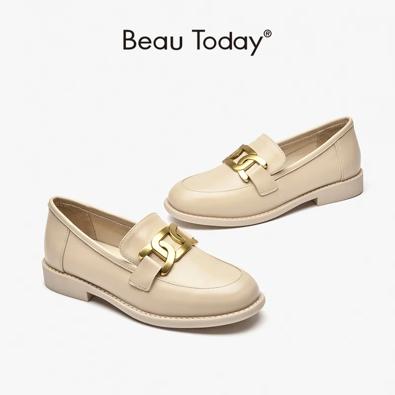 

Casual Loafers Women Softy Sheepskin Round Toe Flats Metal Chain Slip On Concise Ladies Shoes Handmade 27499