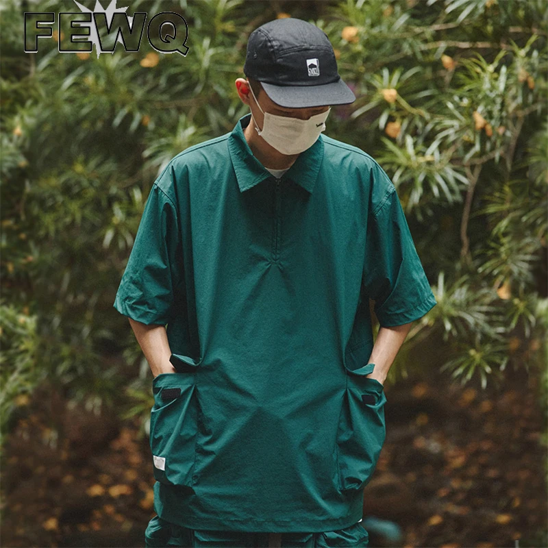 

Мужская рубашка с коротким рукавом FEWQ, черная Однотонная рубашка на молнии, с несколькими карманами, стиль сафари, на лето 2023
